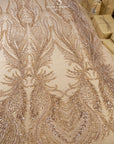 Phoenix - Champagne Blush Vibrant Sequin Lace with Beaded Feather Embroidery on Mesh, Luxury Bridal Fabric by the Yard