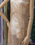 Phoenix - Champagne Blush Vibrant Sequin Lace with Beaded Feather Embroidery on Mesh, Luxury Bridal Fabric by the Yard