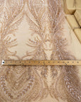 Phoenix - Champagne Blush Vibrant Sequin Lace with Beaded Feather Embroidery on Mesh, Luxury Bridal Fabric by the Yard