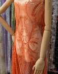 Phoenix - Coral Orange Vibrant Sequin Lace with Beaded Feather Embroidery on Mesh, Luxury Bridal Fabric by the Yard