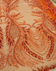 Phoenix - Coral Orange Vibrant Sequin Lace with Beaded Feather Embroidery on Mesh, Luxury Bridal Fabric by the Yard
