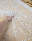 Phoenix - Ivory Vibrant Sequin Lace with Beaded Feather Embroidery on Mesh, Luxury Bridal Fabric by the Yard