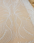 Phoenix - Ivory Vibrant Sequin Lace with Beaded Feather Embroidery on Mesh, Luxury Bridal Fabric by the Yard
