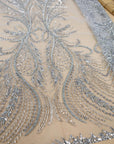 Phoenix - Light Silver Grey Vibrant Sequin Lace with Beaded Feather Embroidery on Mesh, Luxury Bridal Fabric by the Yard