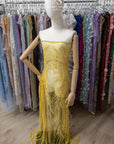 Phoenix - Yellow Sun Vibrant Sequin Lace with Beaded Feather Embroidery on Mesh, Luxury Bridal Fabric by the Yard