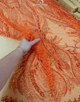 Phoenix - Coral Orange Vibrant Sequin Lace with Beaded Feather Embroidery on Mesh, Luxury Bridal Fabric by the Yard