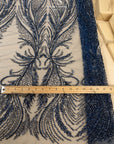 Phoenix - Deep Blue Vibrant Sequin Lace with Beaded Feather Embroidery on Mesh, Luxury Bridal Fabric by the Yard