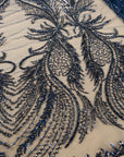 Phoenix - Deep Blue Vibrant Sequin Lace with Beaded Feather Embroidery on Mesh, Luxury Bridal Fabric by the Yard
