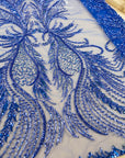 Phoenix - Royal Blue Vibrant Sequin Lace with Beaded Feather Embroidery on Mesh, Luxury Bridal Fabric by the Yard