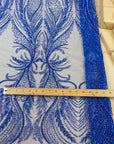 Phoenix - Royal Blue Vibrant Sequin Lace with Beaded Feather Embroidery on Mesh, Luxury Bridal Fabric by the Yard