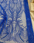 Phoenix - Royal Blue Vibrant Sequin Lace with Beaded Feather Embroidery on Mesh, Luxury Bridal Fabric by the Yard