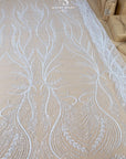 Phoenix - White Vibrant Sequin Lace with Beaded Feather Embroidery on Mesh, Luxury Bridal Fabric by the Yard