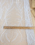 Phoenix - White Vibrant Sequin Lace with Beaded Feather Embroidery on Mesh, Luxury Bridal Fabric by the Yard