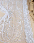 Phoenix - White Vibrant Sequin Lace with Beaded Feather Embroidery on Mesh, Luxury Bridal Fabric by the Yard