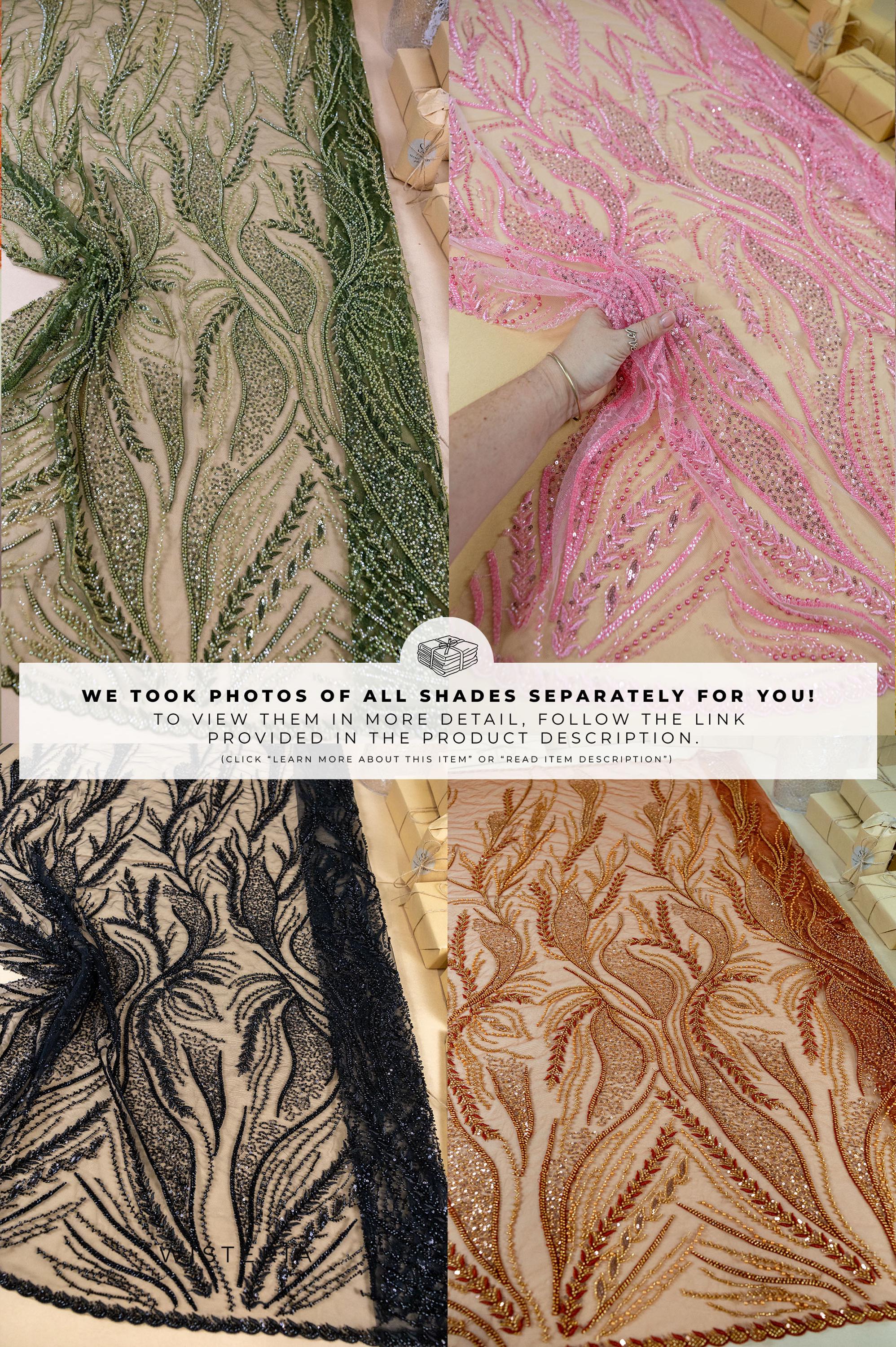 Forest Elven - Champagne - NEW Lace Fabric – Beaded Leaf and Branch Embroidery, Warm Neutral Sequin Mesh for Bridal, Evening Gown, Couture