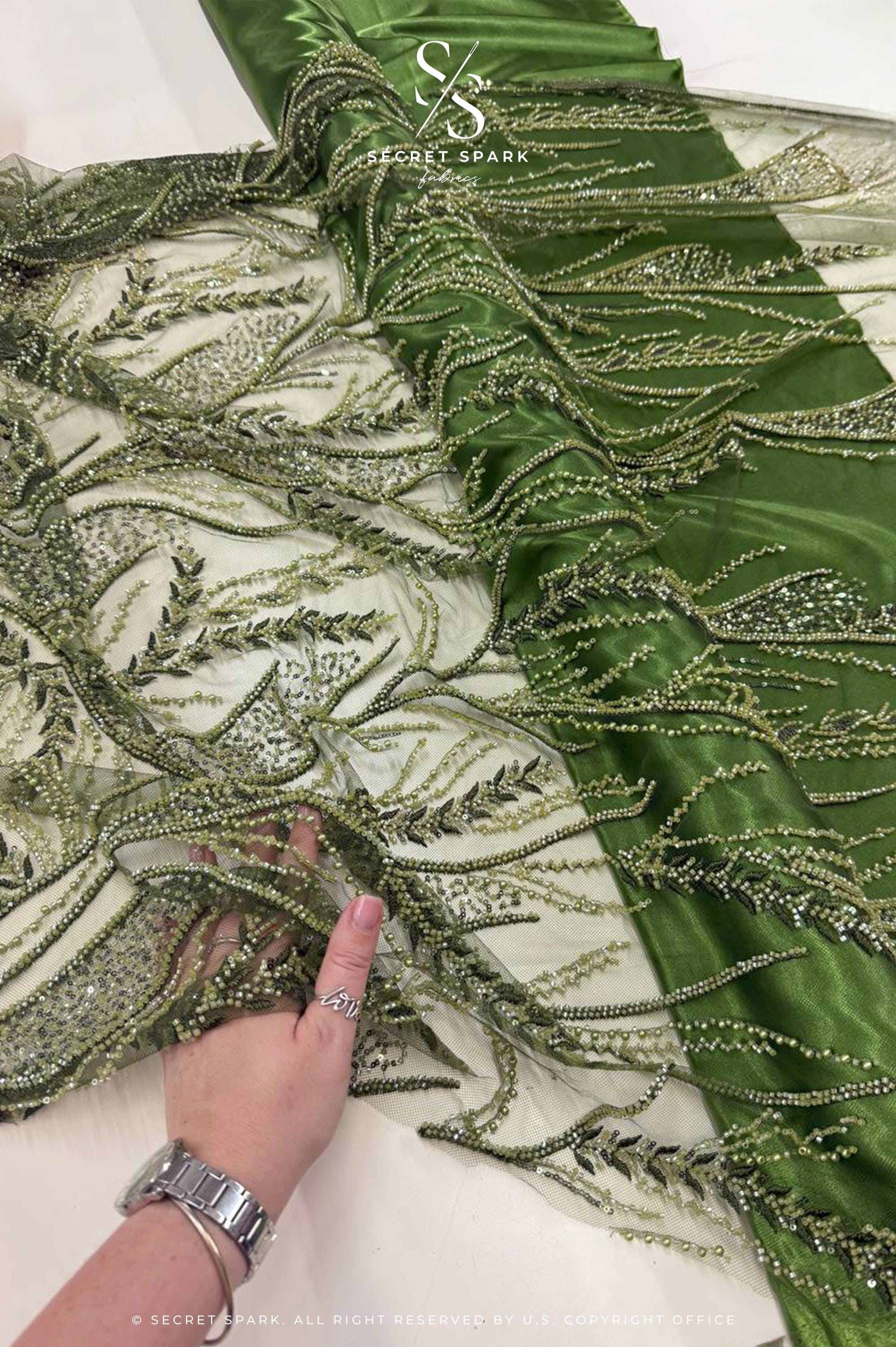 Forest Elven - Dark olive - NEW Lace Fabric – Beaded Botanical Leaf Embroidery, Woodland Sequin Mesh for Fantasy Dress, Couture Gown
