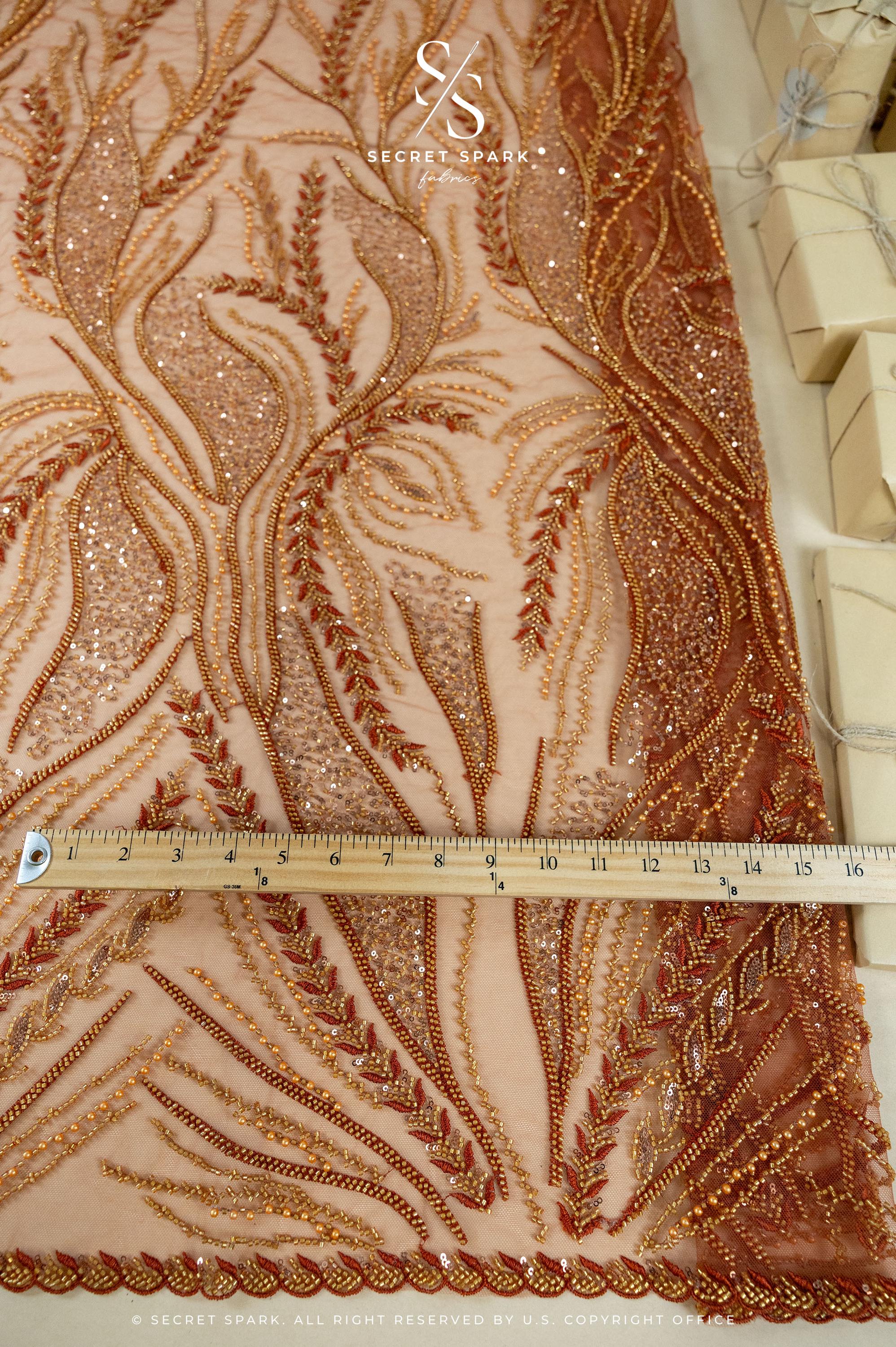 Forest Elven - Brown rust - NEW Lace Fabric – Beaded Leaf and Vine Embroidery, Earth Tone Sequin Mesh for Fall Gown, Costume, Couture
