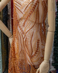 Forest Elven - Brown rust - NEW Lace Fabric – Beaded Leaf and Vine Embroidery, Earth Tone Sequin Mesh for Fall Gown, Costume, Couture