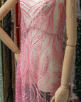 Forest Elven - Sweetheart Pink - NEW Lace Fabric – Beaded Leaf Embroidery with Sequins, Romantic Pink Mesh for Prom Dress, Fairy Gown