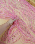 Forest Elven - Sweetheart Pink - NEW Lace Fabric – Beaded Leaf Embroidery with Sequins, Romantic Pink Mesh for Prom Dress, Fairy Gown