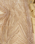 Forest Elven - Champagne Blush - NEW Lace Fabric – Beaded Botanical Embroidery, Soft Pink Nude Mesh for Bridal Gown, Prom, Couture Dress