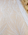 Forest Elven - Ivory - NEW Lace Fabric – Beaded Leaf and Vine Embroidery, Soft Sequin Mesh for Bridal Gown, Wedding Dress, Couture