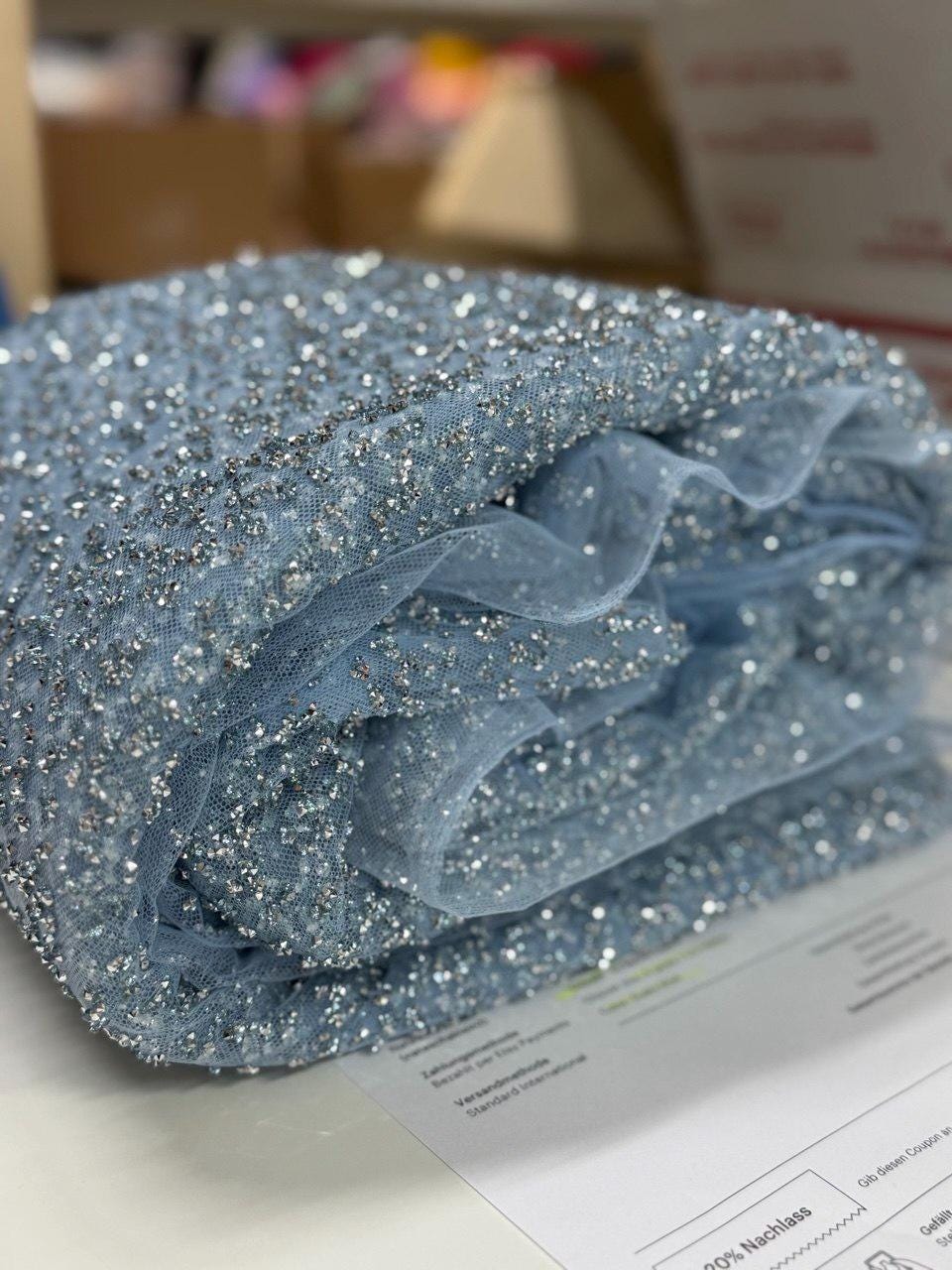 Stardust - Pastel Blue Ombre Crystal Tulle with Gradient Sparkle and Rhinestones on Mesh Luxury Bridal Fabric by the Yard