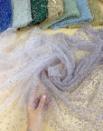 Stardust - Misty Green Ombre Crystal Tulle with Gradient Sparkle and Rhinestones on Mesh Luxury Bridal Fabric by the Yard