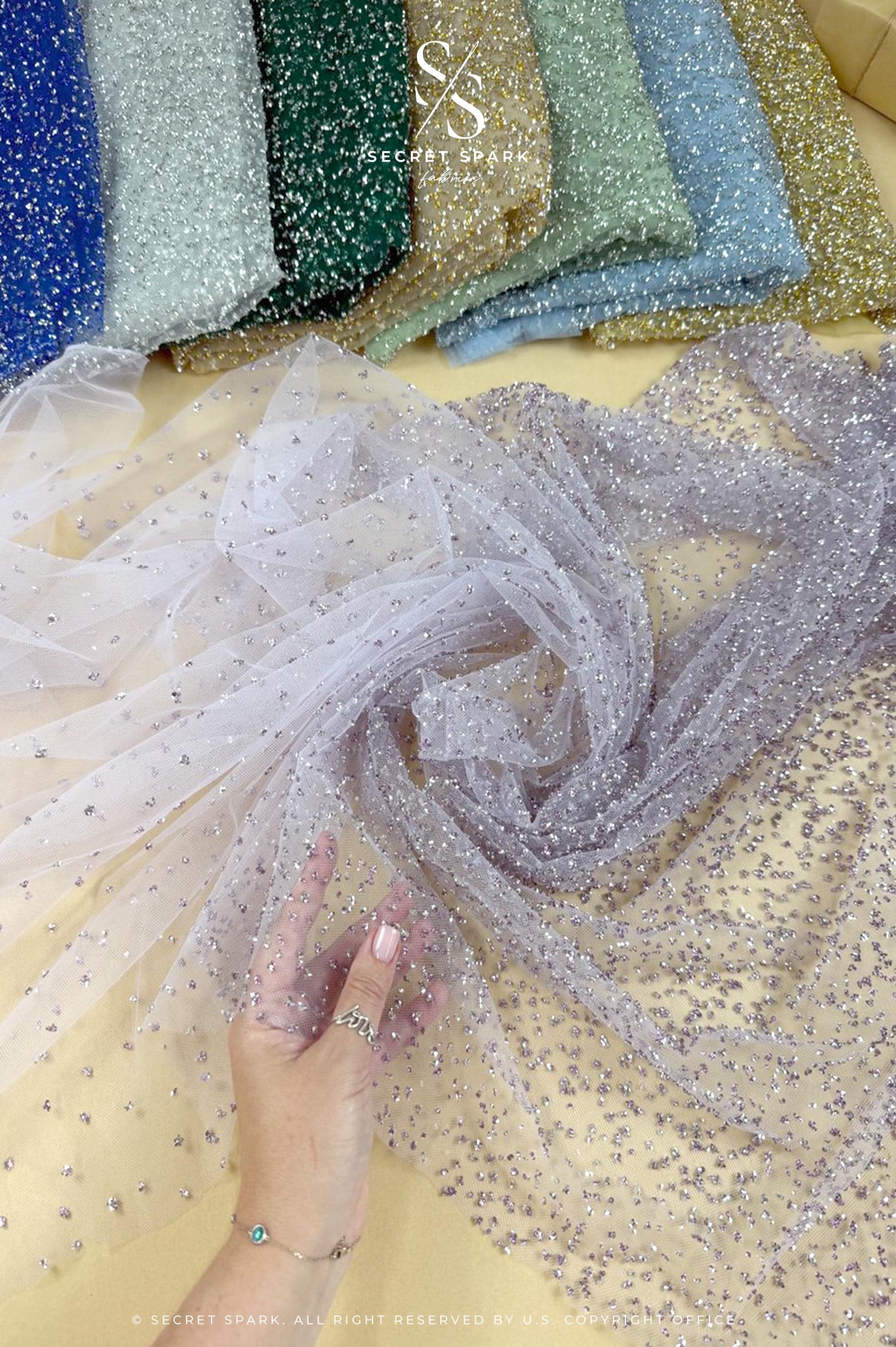 Stardust - Light Bridal Gray Ombre Crystal Tulle with Gradient Sparkle and Rhinestones on Mesh Luxury Bridal Fabric by the Yard