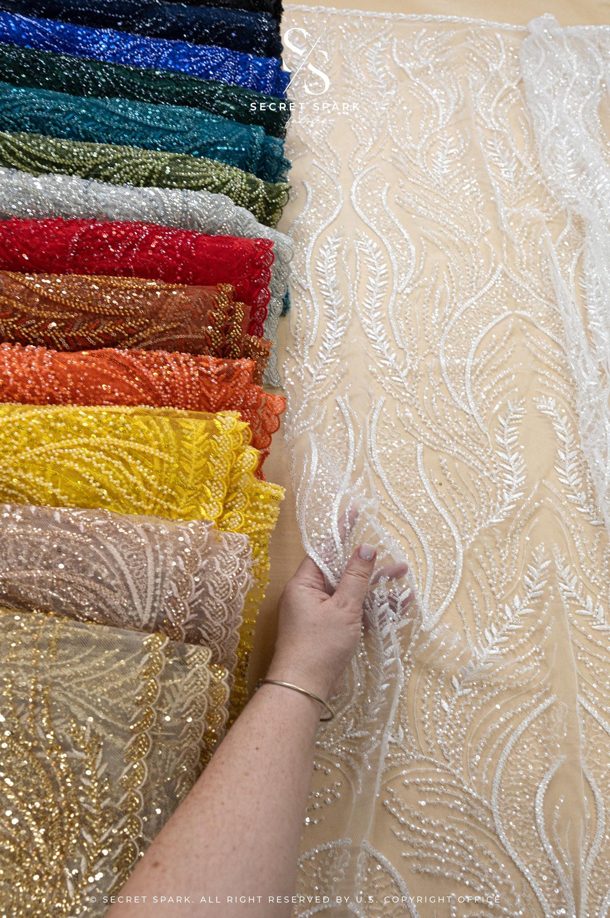 Lumiere - Orange - Beaded Lace Fabric by the Yard - Feather Sequin Mesh Lace for Prom Dress, Pageant Gown, Costume