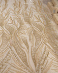 Forest Elven - Champagne - NEW Lace Fabric – Beaded Leaf and Branch Embroidery, Warm Neutral Sequin Mesh for Bridal, Evening Gown, Couture