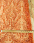 Lumiere - Orange - Beaded Lace Fabric by the Yard - Feather Sequin Mesh Lace for Prom Dress, Pageant Gown, Costume