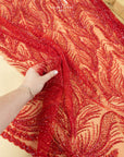 Lumiere - Dark Red - Beaded Lace Fabric by the Yard - Glowing Flame-Like Sequin Mesh Lace for Prom Dress, Evening Gown