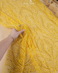Lumiere - Yellow Sun - Beaded Lace Fabric by the Yard - Embroidered Glowing Flame Feather Sequin Mesh Lace for Prom Dress, Gown