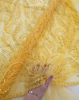 Lumiere - Yellow Sun - Beaded Lace Fabric by the Yard - Embroidered Glowing Flame Feather Sequin Mesh Lace for Prom Dress, Gown