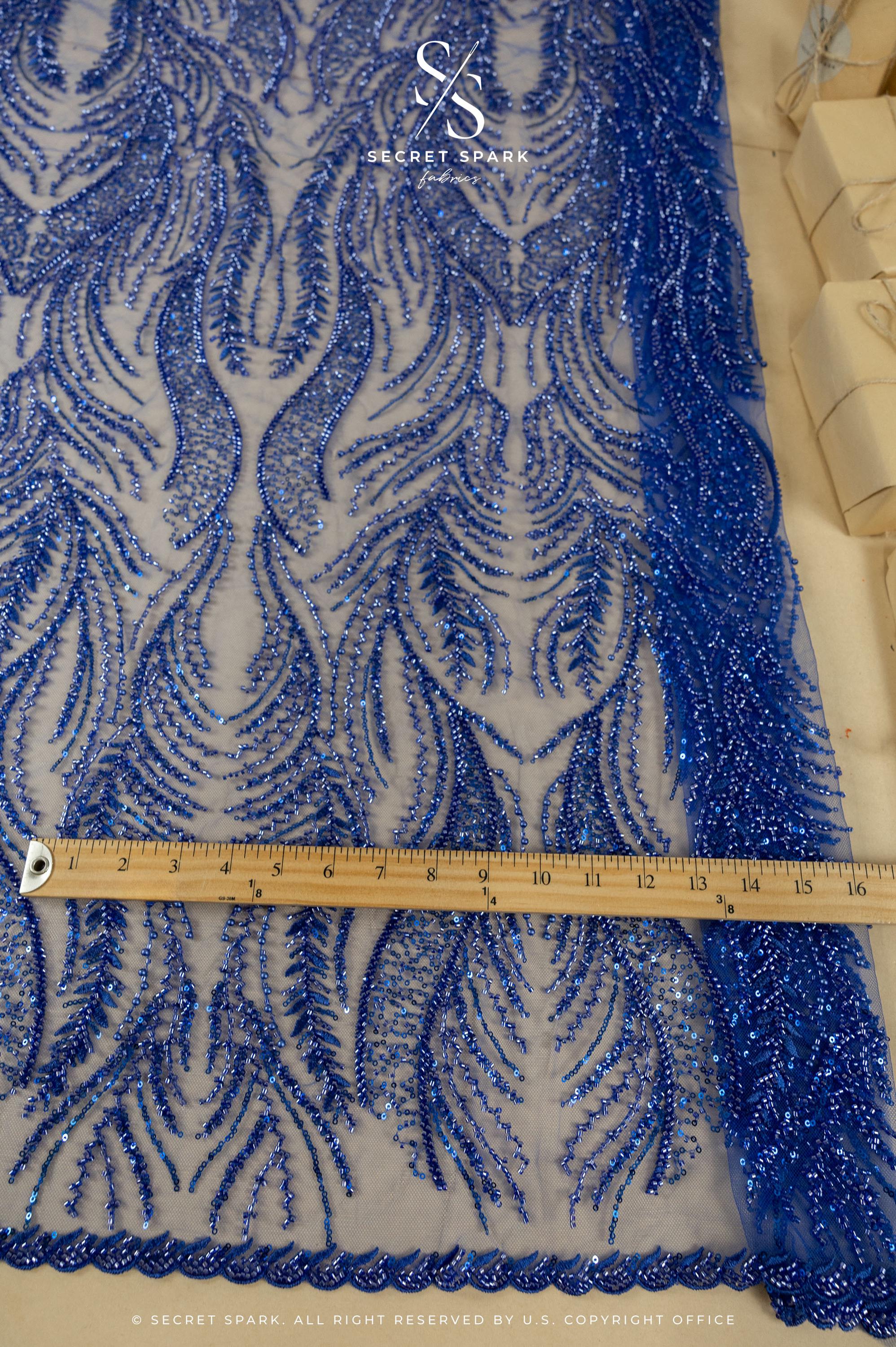 Lumiere - Royal Blue - Beaded Lace Fabric by the Yard - Glowing Flame or Like Feather Embroidered Mesh Lace for Prom Gown, Pageant Dress