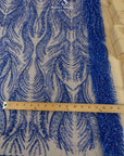 Lumiere - Royal Blue - Beaded Lace Fabric by the Yard - Glowing Flame or Like Feather Embroidered Mesh Lace for Prom Gown, Pageant Dress