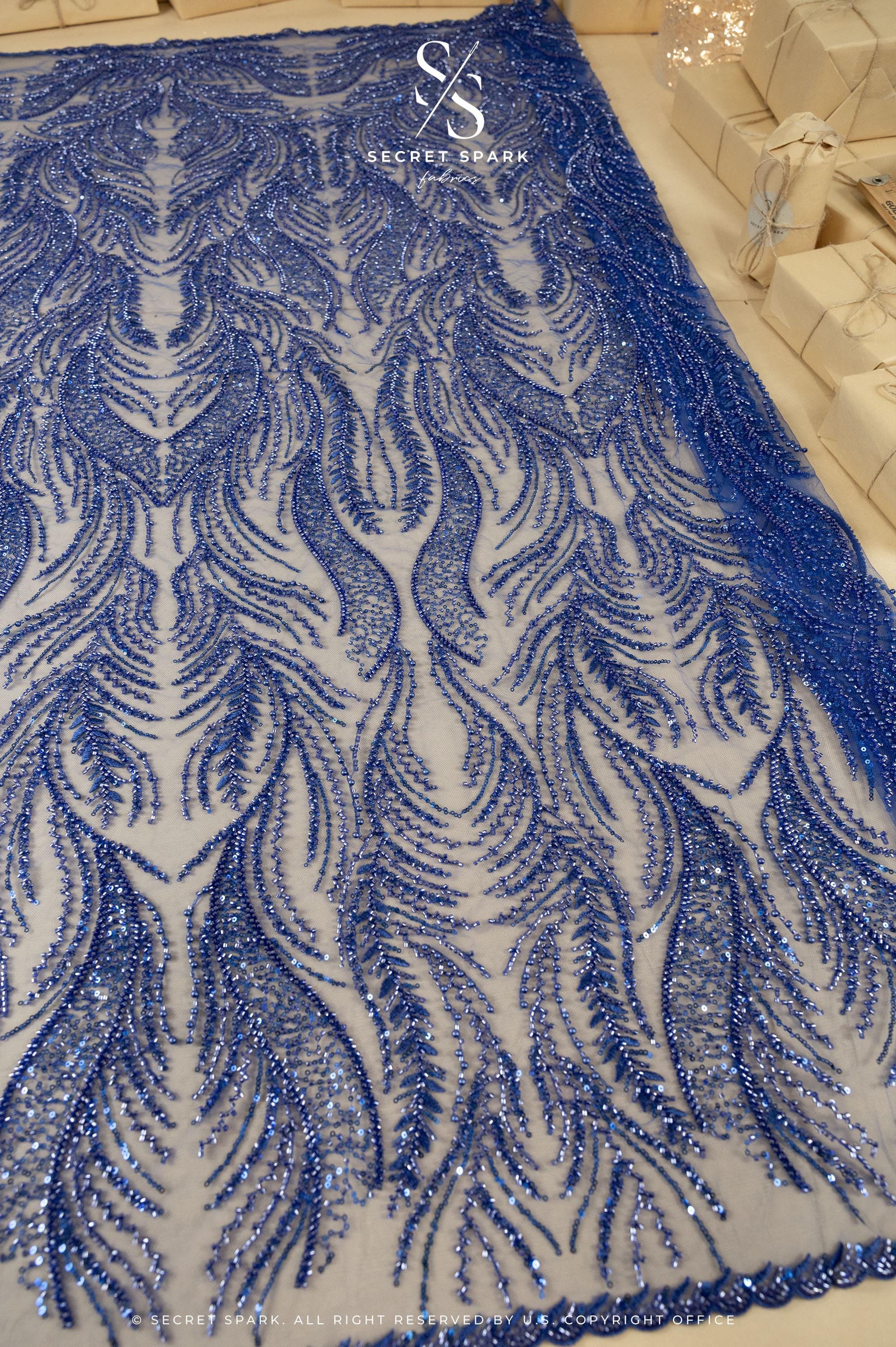 Lumiere - Royal Blue - Beaded Lace Fabric by the Yard - Glowing Flame or Like Feather Embroidered Mesh Lace for Prom Gown, Pageant Dress