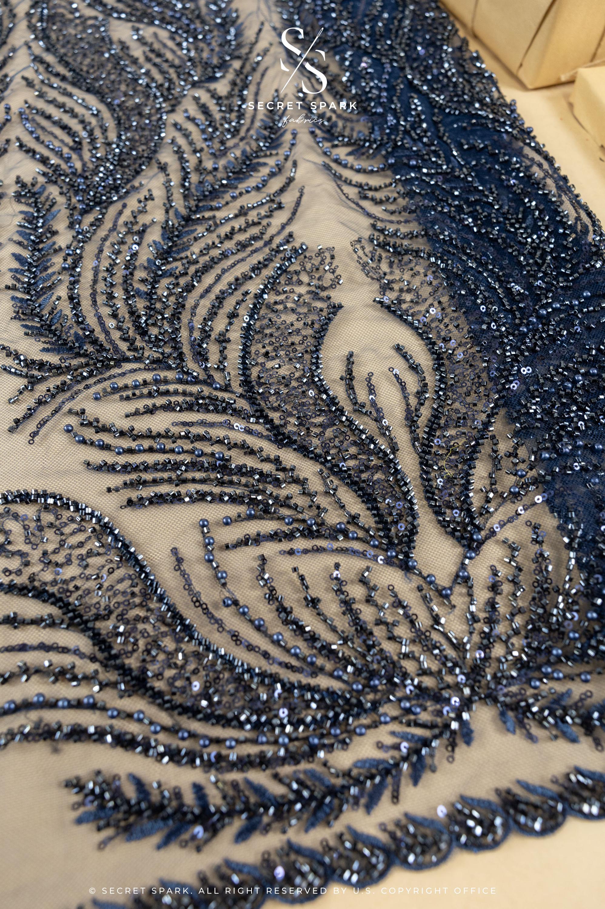 Lumiere - Deep Blue - Beaded Lace Fabric by the Yard