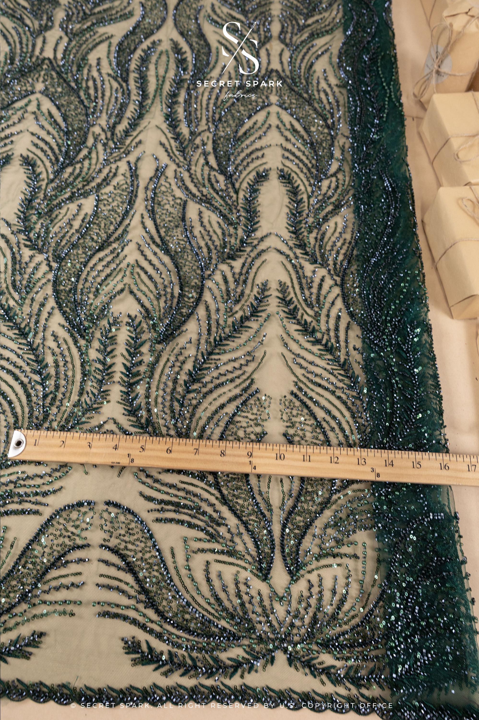 Lumiere - Emerald - Beaded Lace Fabric by the Yard - Flame-Like, Flowing Feathers Embroidered Sequin Mesh Lace for Evening Dress, Gown, Costume