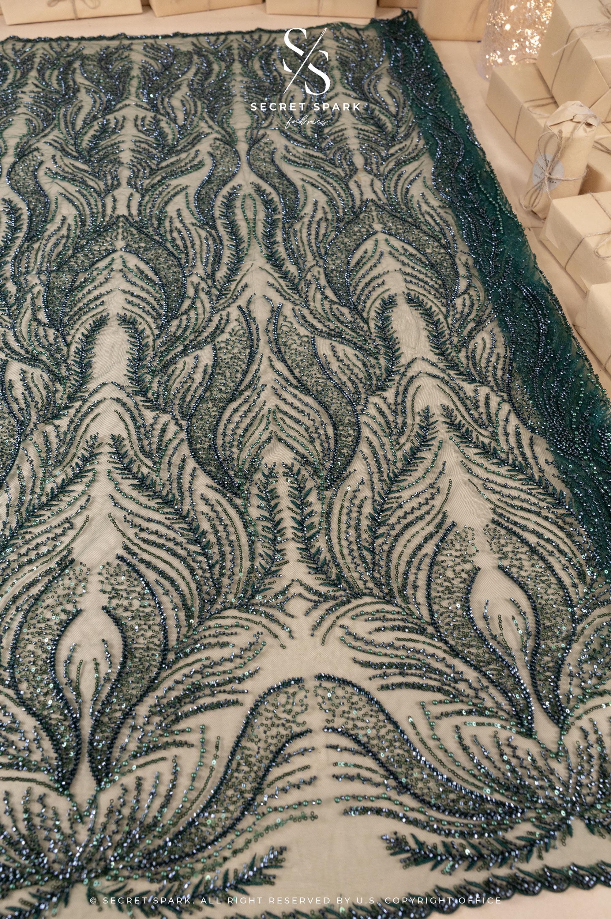 Lumiere - Emerald - Beaded Lace Fabric by the Yard - Flame-Like, Flowing Feathers Embroidered Sequin Mesh Lace for Evening Dress, Gown, Costume