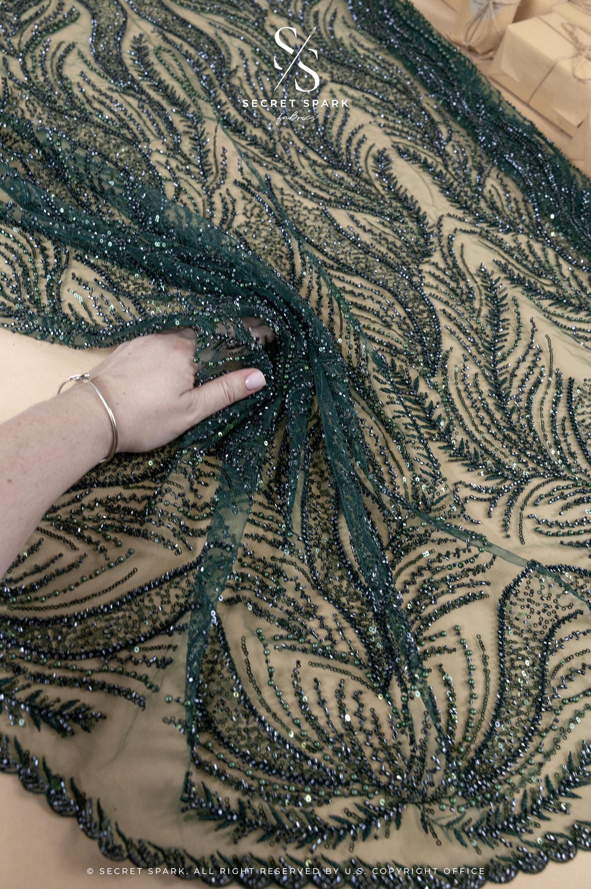 Lumiere - Emerald - Beaded Lace Fabric by the Yard - Flame-Like, Flowing Feathers Embroidered Sequin Mesh Lace for Evening Dress, Gown, Costume