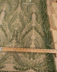 Lumiere - Dark Olive - Beaded Lace Fabric by the Yard - Feather or Flame-Like Sequin Embroidered Mesh Lace for Evening Dress, Gown, Costume