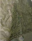 Lumiere - Dark Olive - Beaded Lace Fabric by the Yard - Feather or Flame-Like Sequin Embroidered Mesh Lace for Evening Dress, Gown, Costume