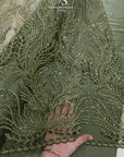 Lumiere - Dark Olive - Beaded Lace Fabric by the Yard - Feather or Flame-Like Sequin Embroidered Mesh Lace for Evening Dress, Gown, Costume