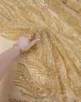 Lumiere - Champagne Gold - Beaded Lace Fabric by the Yard - Ornate Feather Flame Embroidered Sequin Mesh Lace for Bridal Dress, Gown
