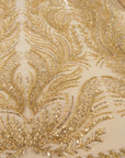Lumiere - Champagne Gold - Beaded Lace Fabric by the Yard - Ornate Feather Flame Embroidered Sequin Mesh Lace for Bridal Dress, Gown