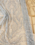 Lumiere - Silver Gray - Beaded Lace Fabric by the Yard - Flame-Like Feather Sequin Mesh Lace for Evening Dress, Gown