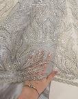 Lumiere - Silver Gray - Beaded Lace Fabric by the Yard - Flame-Like Feather Sequin Mesh Lace for Evening Dress, Gown