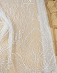 Lumiere - Off White - Bridal Beaded Lace Fabric by the Yard - Flowing Feather Flame-Like Beads Sequins Lace for Wedding Dress, Veil